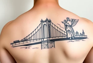 Brooklyn Bridge with full Saint Michael sleeve tattoo idea