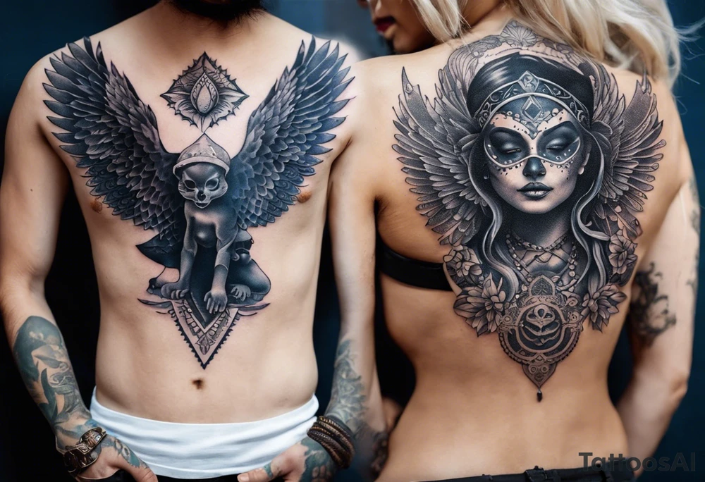 black kali, goddess pirate, alien, angel, pachamama, valkrye, warrior, flying, skull, lotus azul, wing, eagle, zenza resonance, stars, 5D, anahata chakra, death, durga, riding on a tiger, flying lady, kundalini, chest tatoo tattoo idea