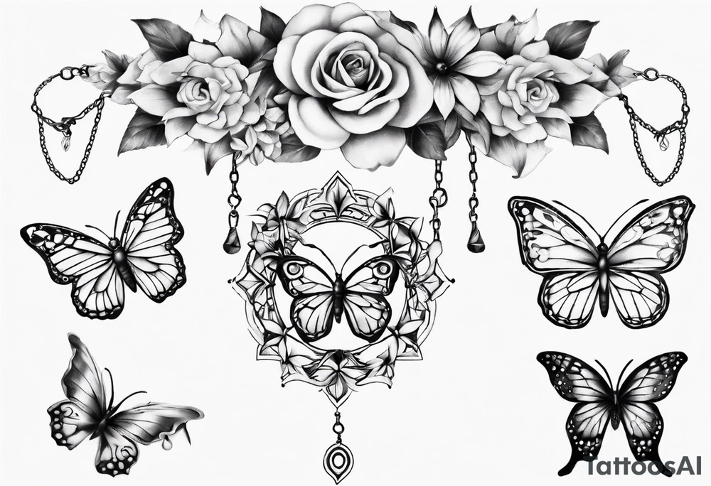 Ankle bracelet tattoo with flowers and butterflies and larger in the centre tattoo idea