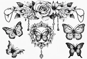 Ankle bracelet tattoo with flowers and butterflies and larger in the centre tattoo idea
