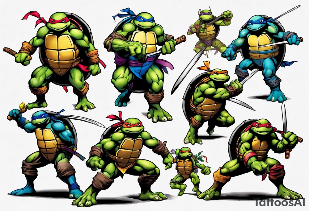 teenage mutant ninja turtles fighting in a city with floral accents tattoo idea