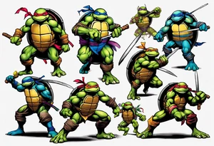 teenage mutant ninja turtles fighting in a city with floral accents tattoo idea