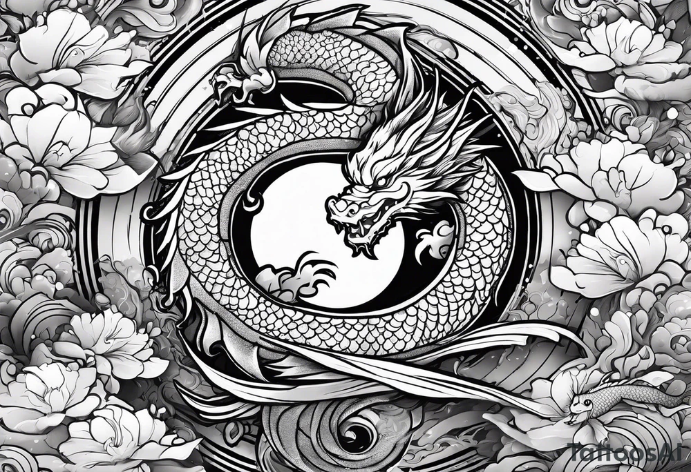 dragon and koi fish cute. face of dragon should not be fierce. should be surrounded by water or clouds tattoo idea