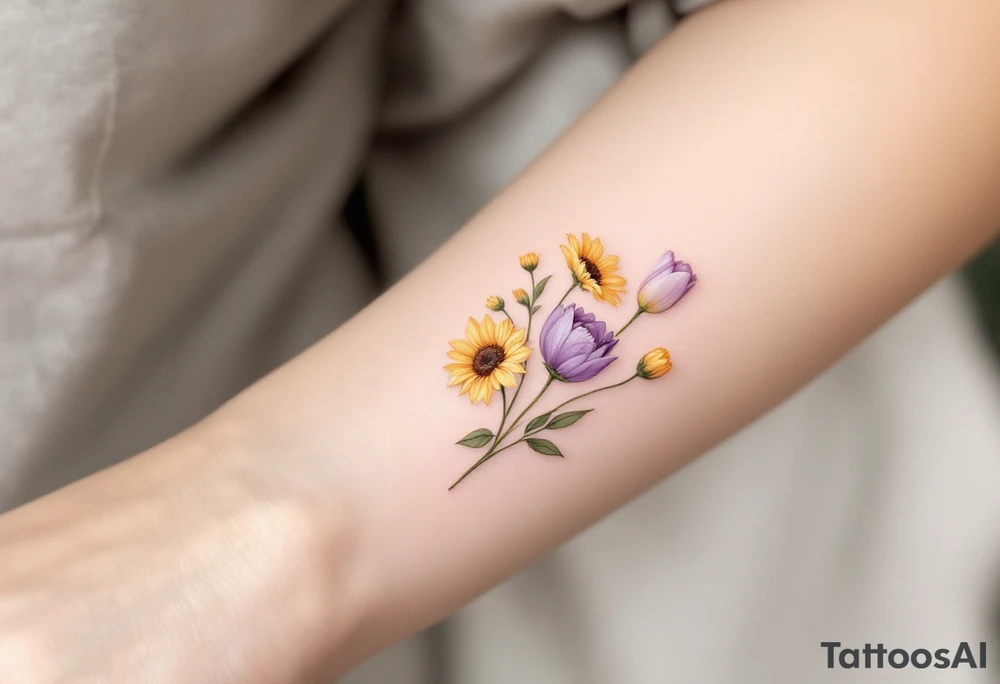 small yellow sunflowers and sunflower buds and pale purple tulip buds in a dainty wildflower bouquet with light green stems. Low detail. tattoo idea