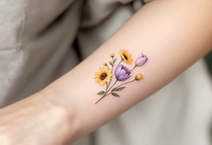 small yellow sunflowers and sunflower buds and pale purple tulip buds in a dainty wildflower bouquet with light green stems. Low detail. tattoo idea