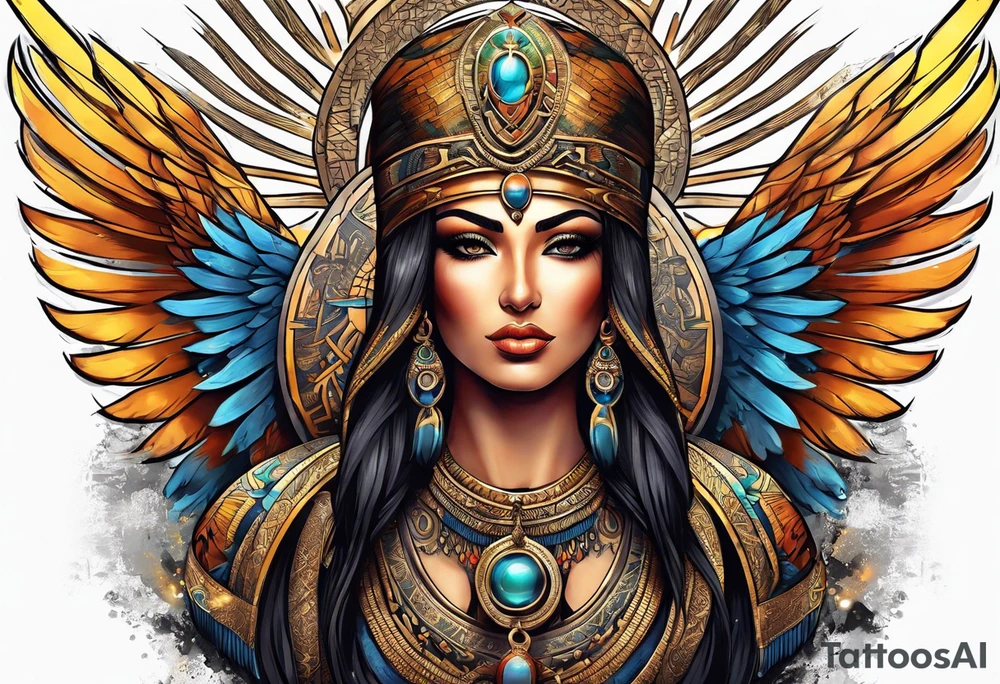 Isis (top center): With wings and the sun disc on her head, holding the ankh. tattoo idea