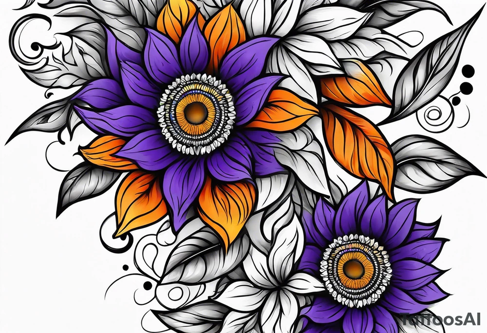 Full leg sleeve with purple, orange and blue sunflowers tattoo idea