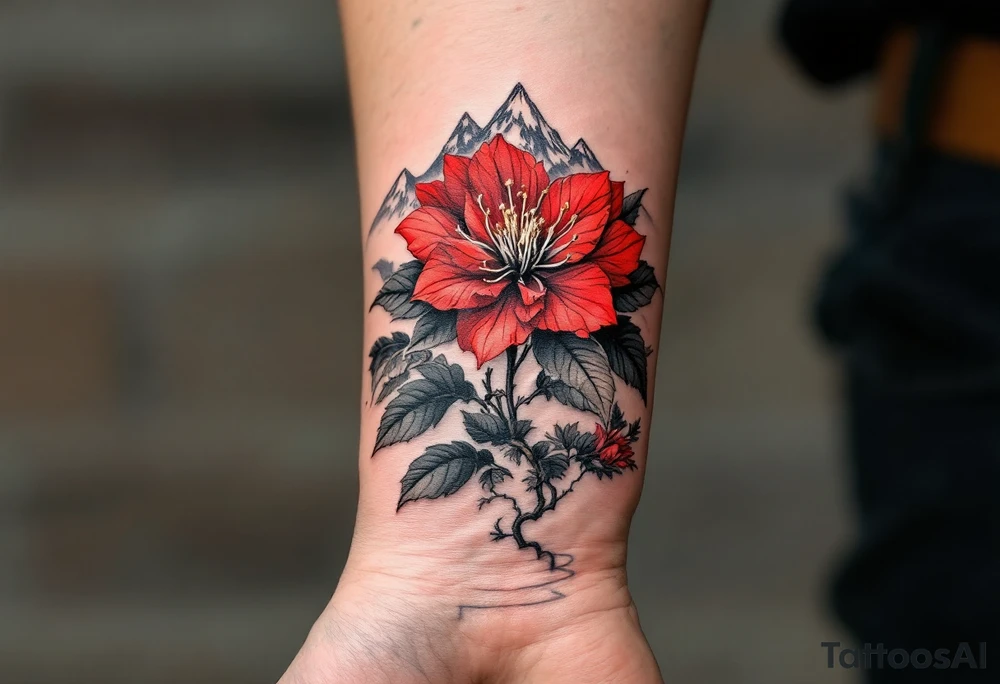 red  and black rhododendron trippy with Himalayas behind tattoo idea