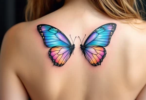 One has a half butterfly wing in shades of blue and violet, the other the mirrored wing, completing the butterfly across both bodies. tattoo idea