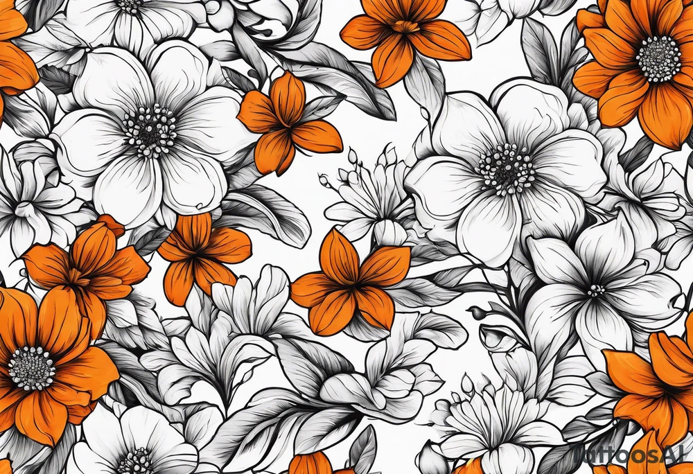 Arm sleeve with orange flowers tattoo idea