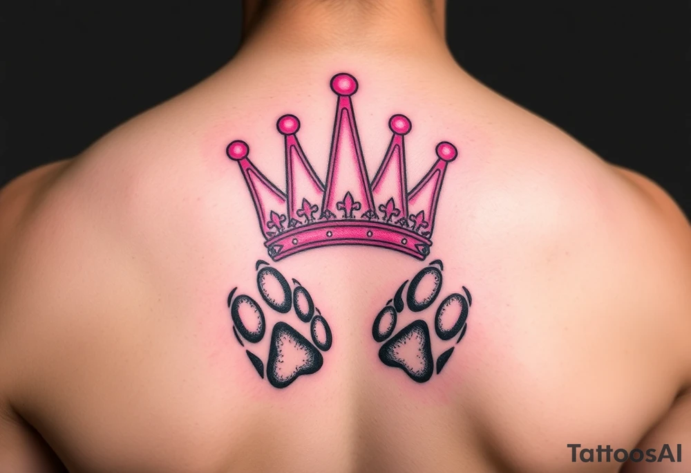 pink princess crown on top of paw prints tattoo idea