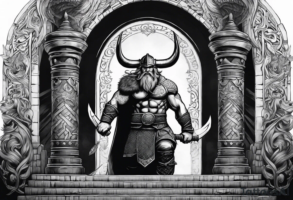 The Viking is standing in front of the staircase that leads to the gate to the valhalla. tattoo idea