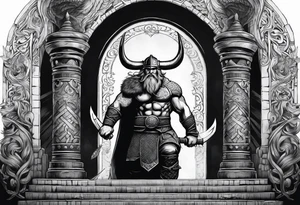 The Viking is standing in front of the staircase that leads to the gate to the valhalla. tattoo idea
