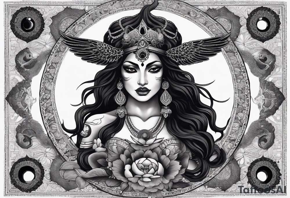black kali, goddess pirate, alien, angel, pachamama, valkrye, warrior, flying, skull, lotus azul, wing, eagle, zenza resonance, stars, 5D, anahata chakra, death, durga, riding on a tiger, flying lady, kundalini, chest tatoo, samuri, rebel, serpent tattoo idea