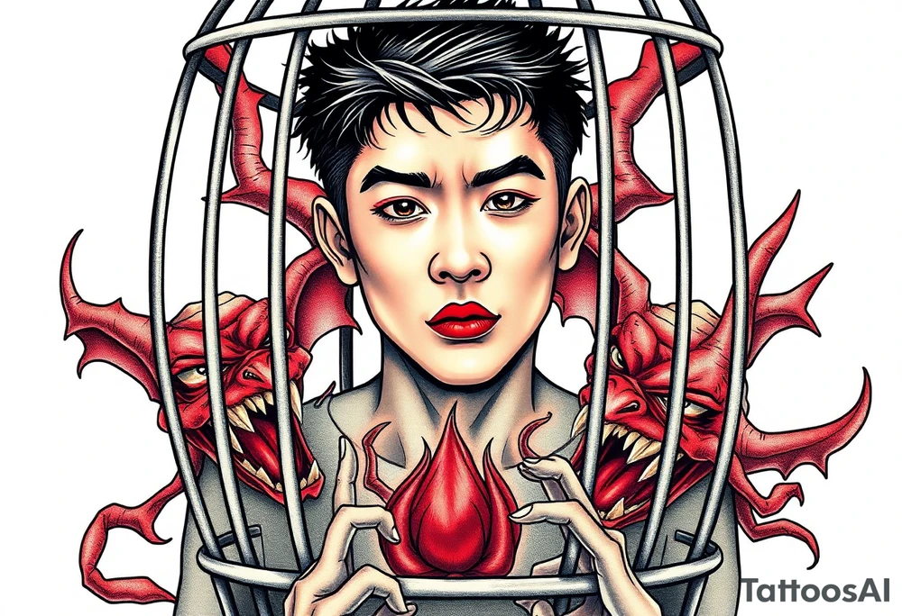 Handsome Asian young guy in demons cage tattoo idea