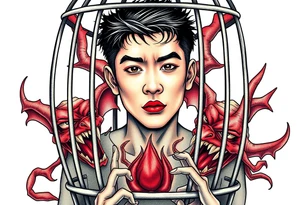 Handsome Asian young guy in demons cage tattoo idea