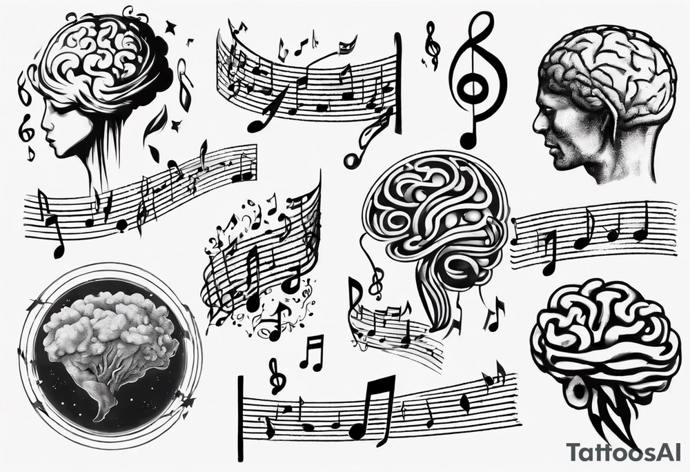 Music notes roaming around a brain shaped planet tattoo idea