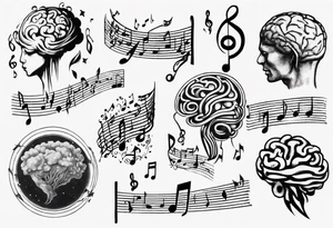 Music notes roaming around a brain shaped planet tattoo idea