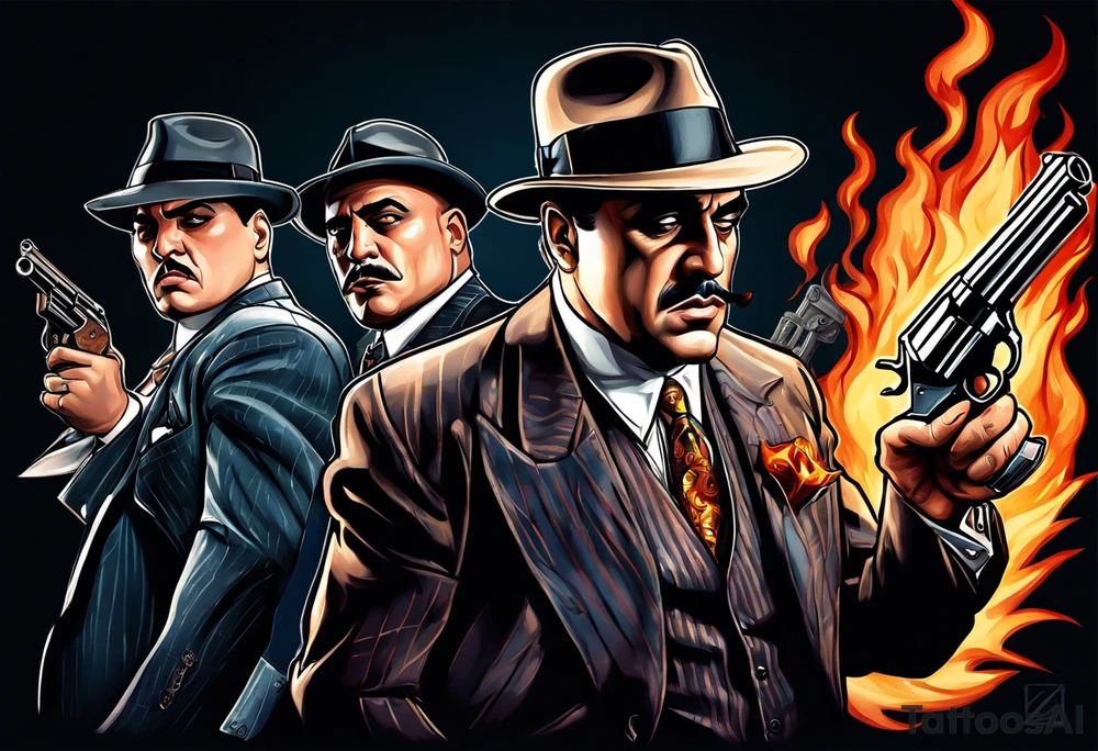 capone style gangsters having a shootout against a dark background scene with flames blues with sexy women tattoo idea