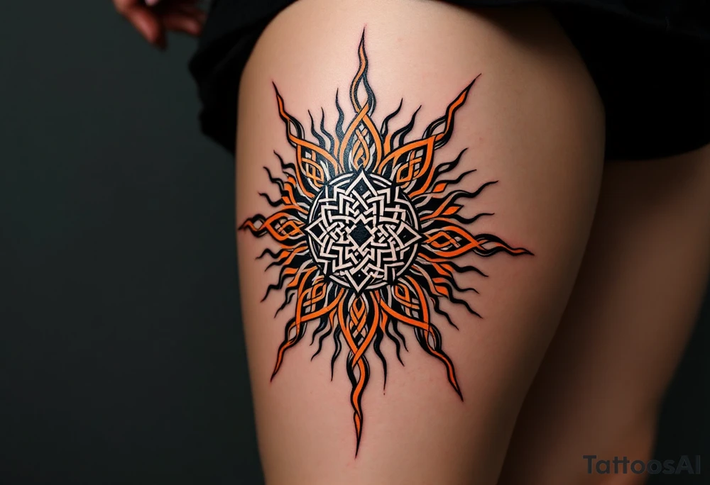 Featuring interlocked black knots and orange rays, this Celtic sun blazes with fierce energy on the upper back. tattoo idea