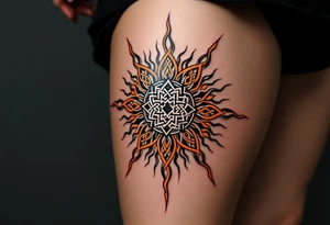 Featuring interlocked black knots and orange rays, this Celtic sun blazes with fierce energy on the upper back. tattoo idea