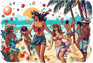 vintage beach dance party with music and confetti, tropical drinks tattoo idea