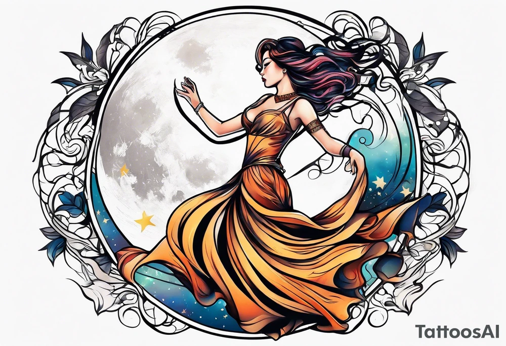 Woman dancing under the moon tattoo idea