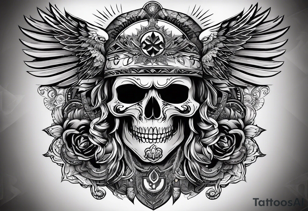 black kali, goddess pirate, alien, pachamama, valkrye, warrior, skull, lotus azul, wing, eagle, zenza resonance, stars, 5D tattoo idea