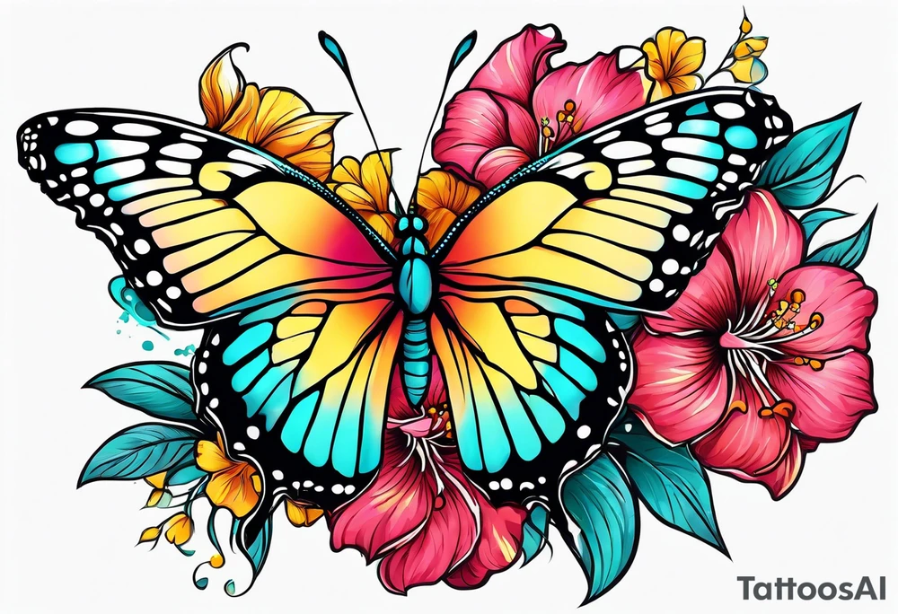 Half butterfly, half flowers, hibiscus, roses, yellow, teal, pink tattoo idea