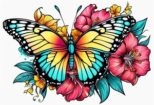 Half butterfly, half flowers, hibiscus, roses, yellow, teal, pink tattoo idea