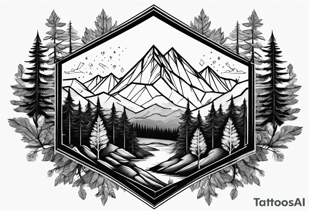 a forest along the edges with mountains below and in the distance with full trees and a diamond in the middle tattoo idea