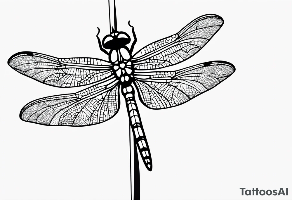 A minimalist dragonfly perched on a daffodil flower. Let the daffodil flower be minmqlist and have yellow lines. Let the stem of the flower extend downwards and instead of the stem write "muadil" in cursive tattoo idea