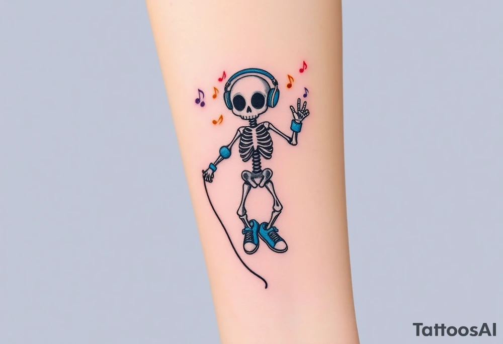 Cute skeleton with dreamy eyes jumping on a jump rope with blue ...