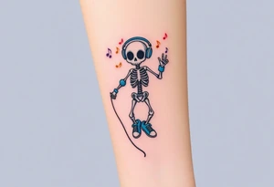 Cute skeleton with dreamy eyes jumping on a jump rope with blue headphones blue armbands blue sneakers and colorful  music notes around his head tattoo idea