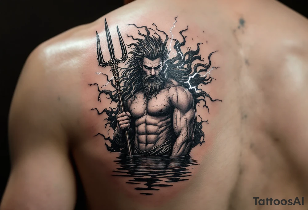 fit poseidon, behind a trident, with lightning, in calm water tattoo idea