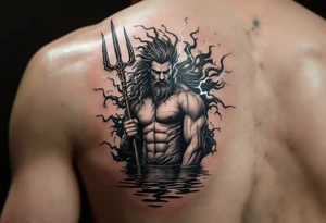 fit poseidon, behind a trident, with lightning, in calm water tattoo idea