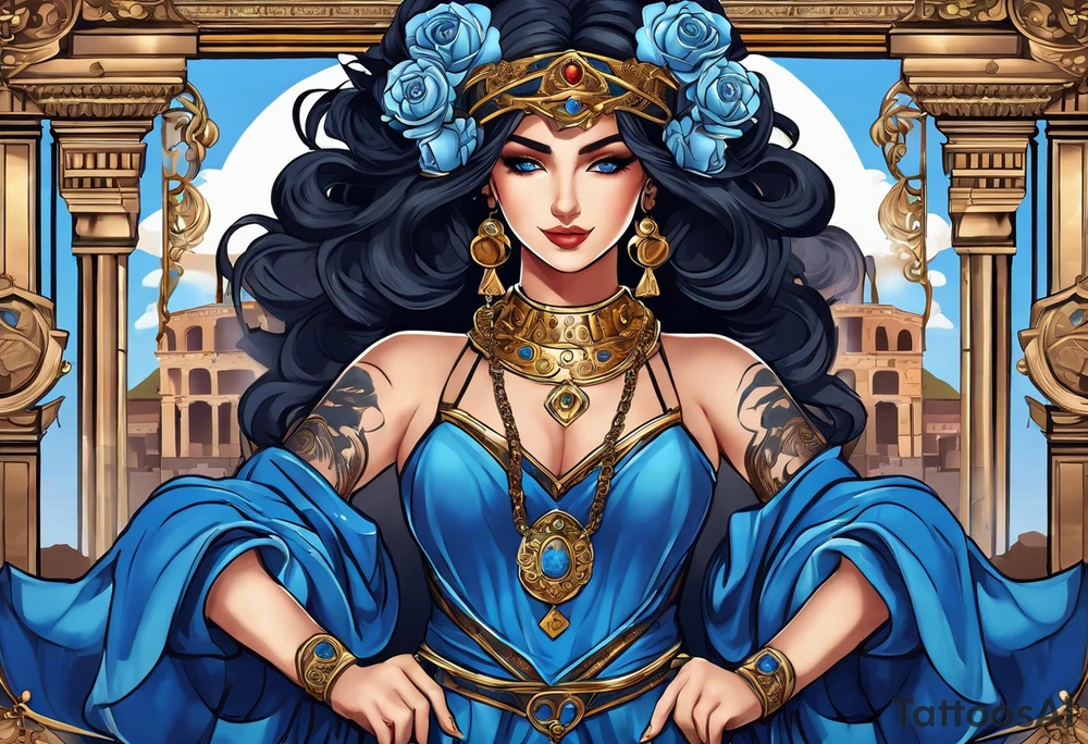 ancient rome clothes ,women,,ancient scale in one hand, blue rose frames, ladies justicia ,keeps  scale tattoo idea