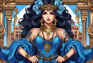 ancient rome clothes ,women,,ancient scale in one hand, blue rose frames, ladies justicia ,keeps  scale tattoo idea