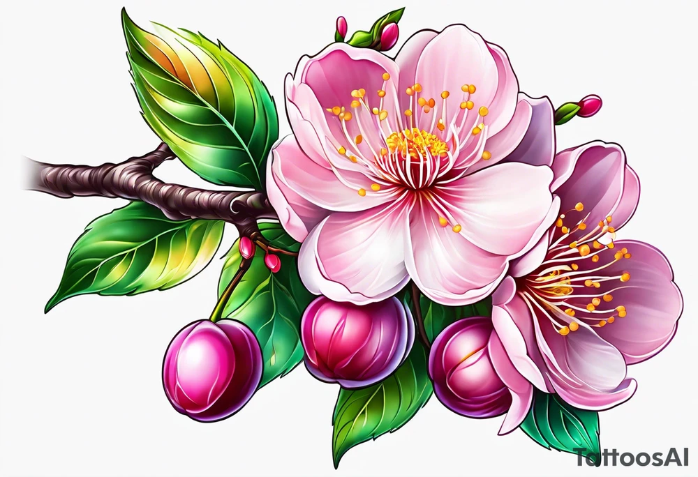 Vibrant, pink plum blossom flowers tattoo idea