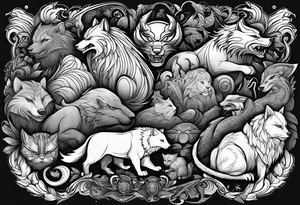 a super hero team which is combination of animals.
One is Badger/Wolverine One is Bull One is Wolf One is Axolotl One is Canary One is Lizard One is Cat tattoo idea