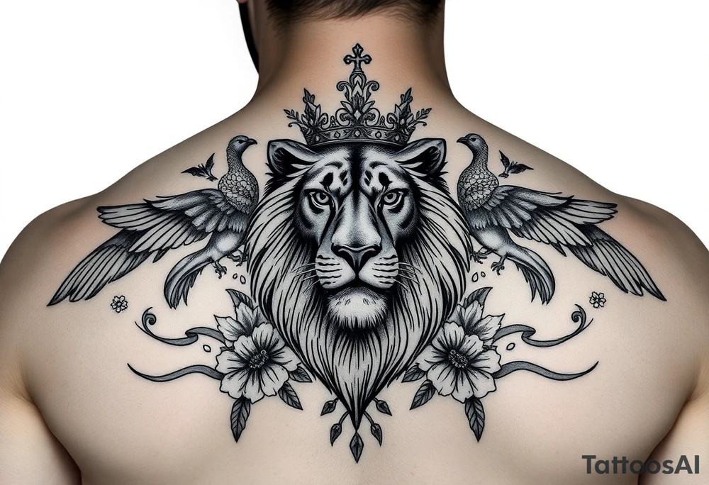 powerful majestic lion with a crown, surrounded by floral ornaments and birds tattoo idea
