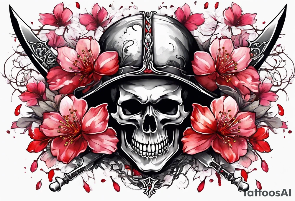 Bloody sword in a skull cherry blossom growing tattoo idea