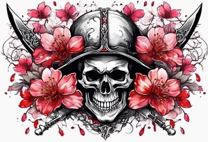 Bloody sword in a skull cherry blossom growing tattoo idea