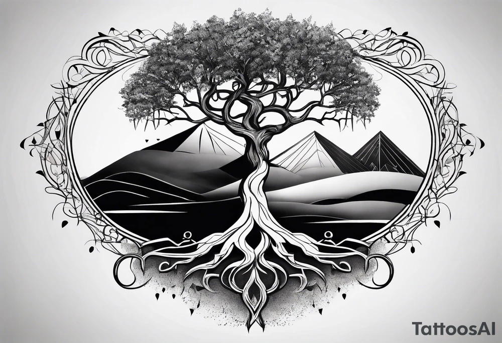 minimal Yggdrasil with roots 
3 line triangles behind tattoo idea