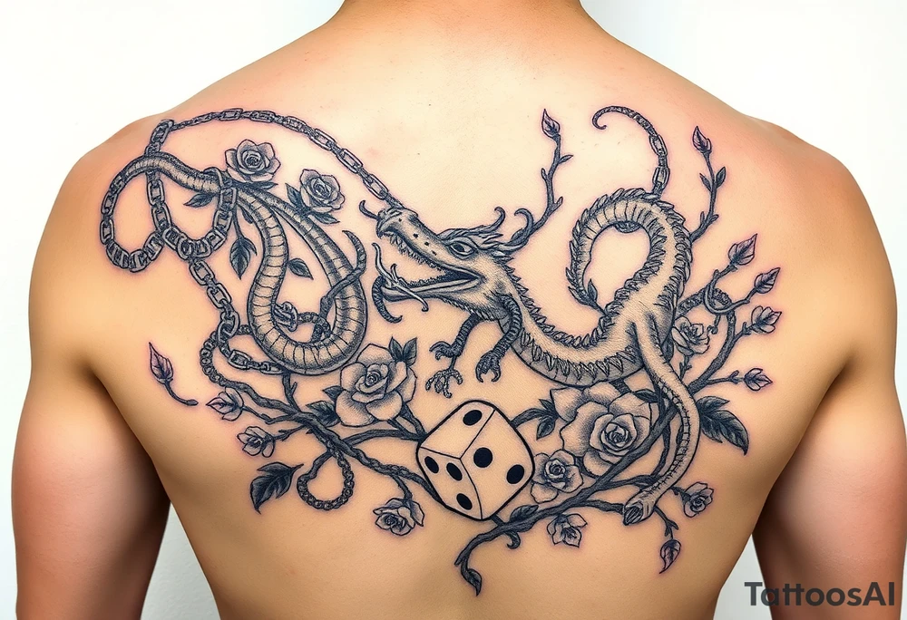 Squid and dragon combined with chains, tree roots, cherry blossoms and roses rolling dice tattoo idea