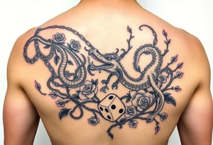 Squid and dragon combined with chains, tree roots, cherry blossoms and roses rolling dice tattoo idea