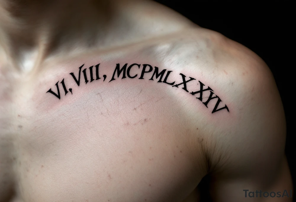 Dark ink VI.VIII.MCMLXXXV arched over the shoulder blade, with cracked marble texture for a timeless look. tattoo idea