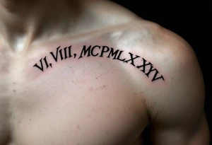 Dark ink VI.VIII.MCMLXXXV arched over the shoulder blade, with cracked marble texture for a timeless look. tattoo idea