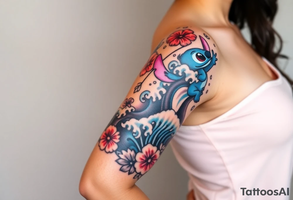 a half sleeve, right side on upper arm, incorporate waves, while adding lilo and stitch, as well as characters and items from moana, including moana, maui, heihei, pua, heart of tefiti. Making it kind of hawaiian themed, adding some turtles and characters lilo and stitch i want it colored tattoo idea