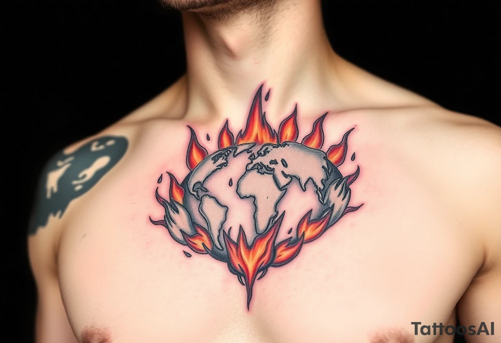 toxic world on fire tattoo idea